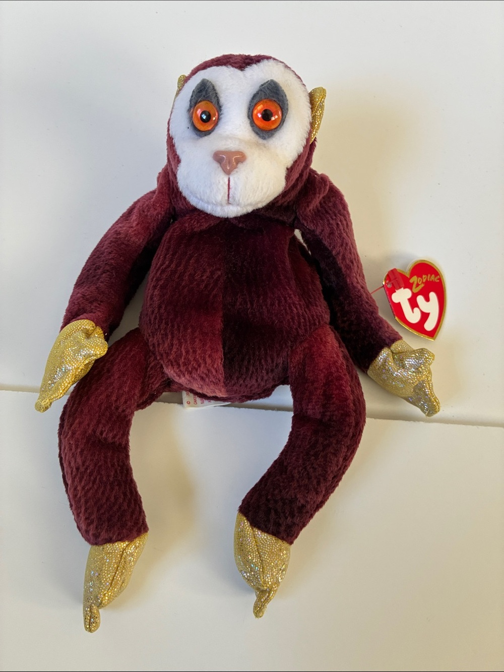 Ty Zodiac Plush Monkey - Burgundy with Gold Accents 2000